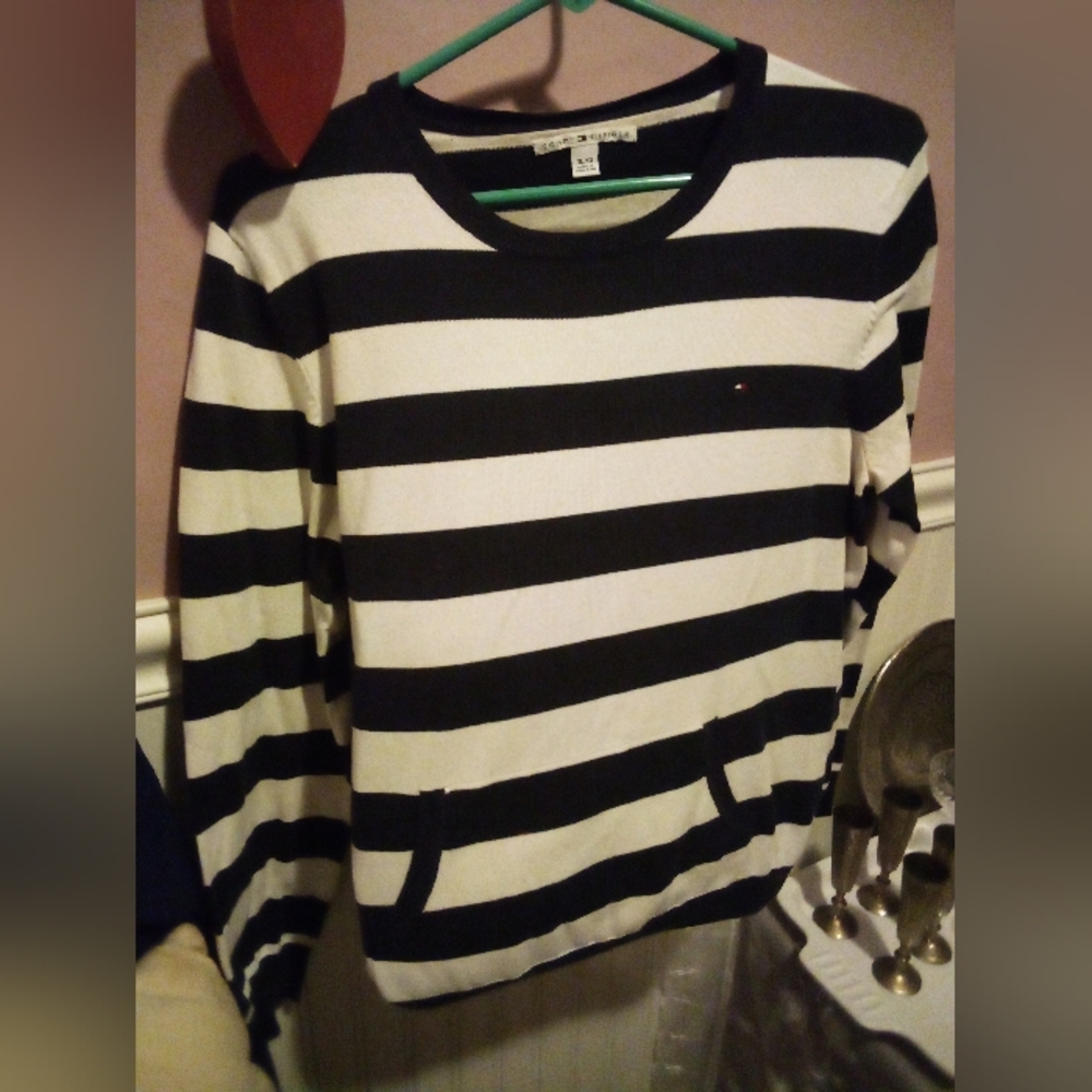 Tommy Hilfiger Blue and White Striped Sweater